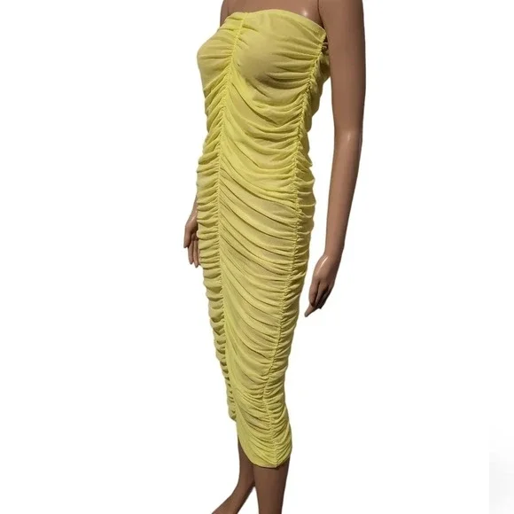 NWOT KTOO Shirring Tube Dress - Highlighter Yellow (Size L) - Picture 6 of 9